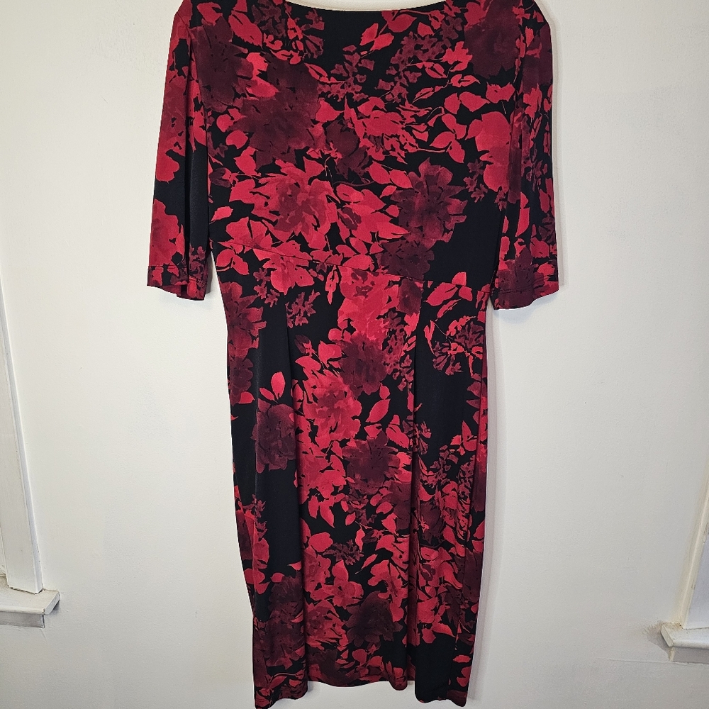 Connected Apparel Red Floral Faux Wrap Midi Dress Size 12 - Picture 7 of 11
